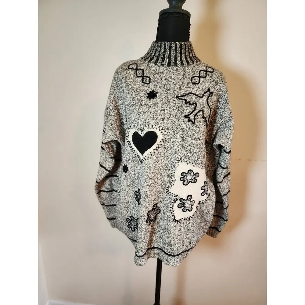 LAUREL Womens Size 40(US Size 10) Mock Neck Tan Black Embroidered Sweater